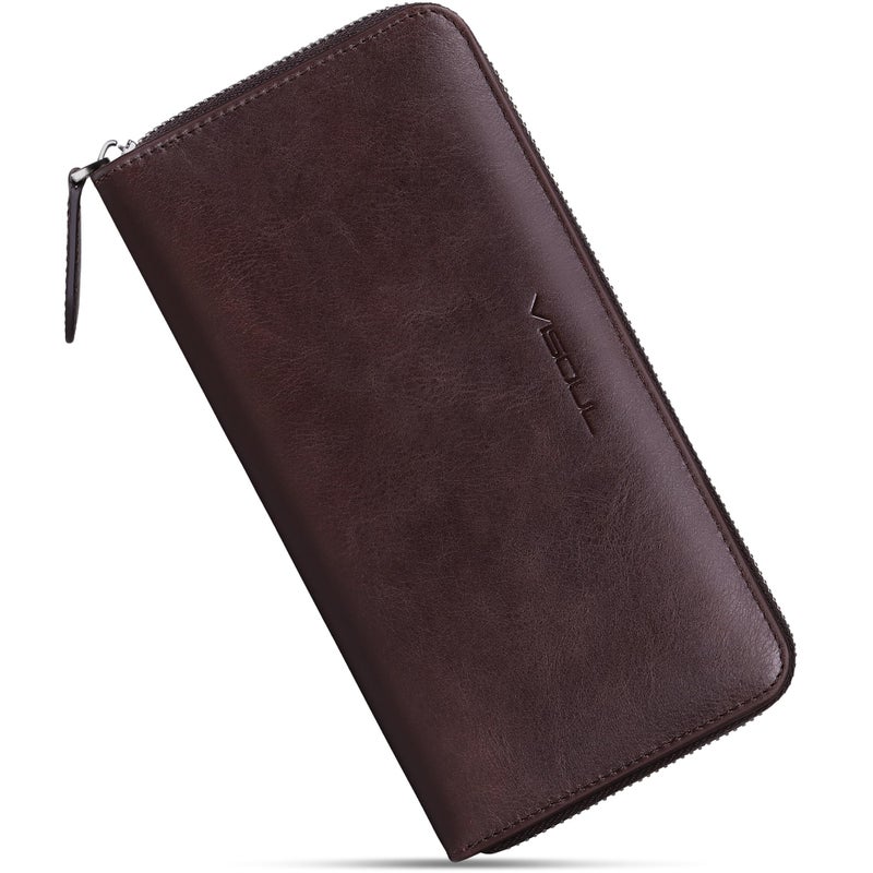 VISOUL Leather Long Zipper Pouch Wallet for Men and Women with RFID Blocking, Large Clutch Cash Long Wallet with Zipper (Coffee) - Image 1